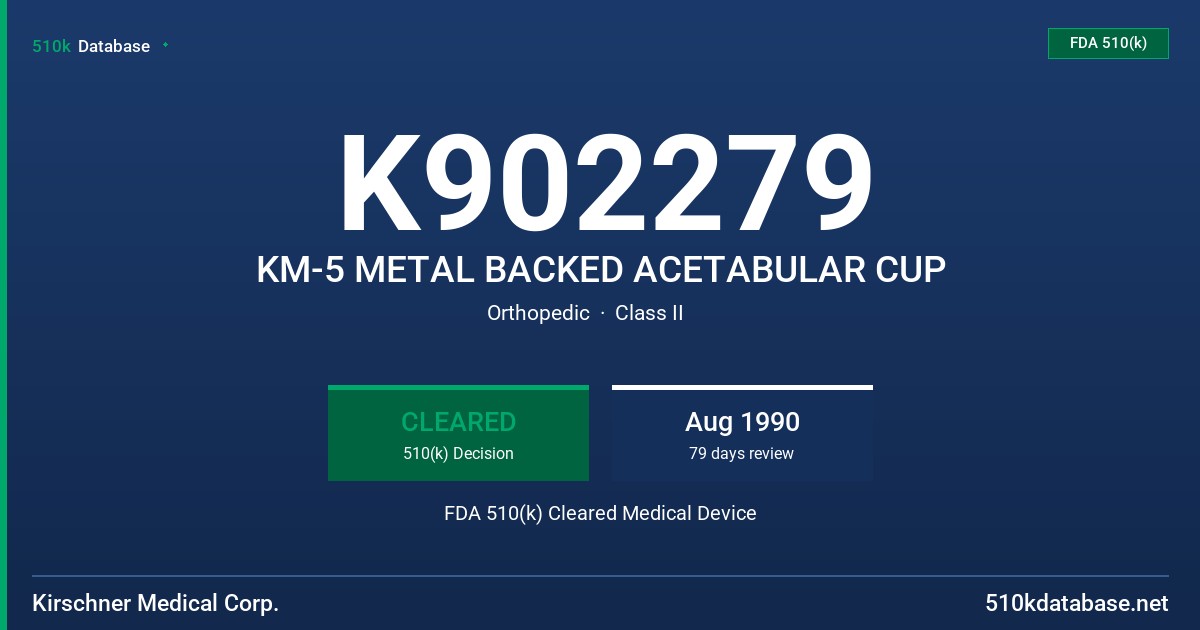 K902279 KM-5 METAL BACKED ACETABULAR CUP FDA 510(k) Cleared Medical Device