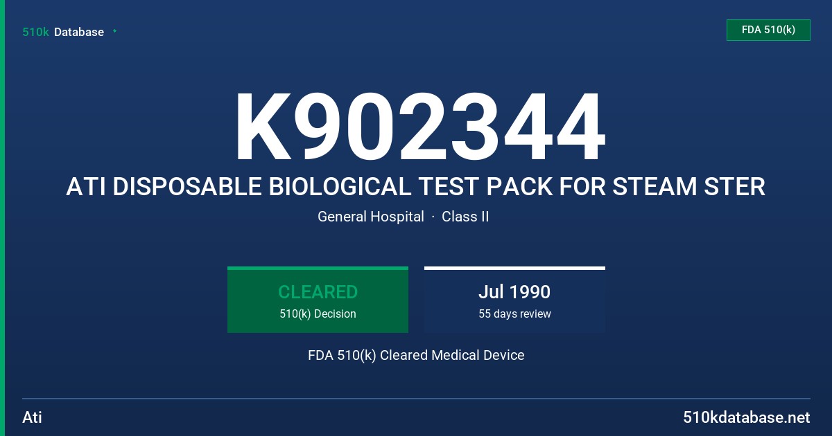K902344 ATI DISPOSABLE BIOLOGICAL TEST PACK FOR STEAM STER FDA 510(k) Cleared Medical Device