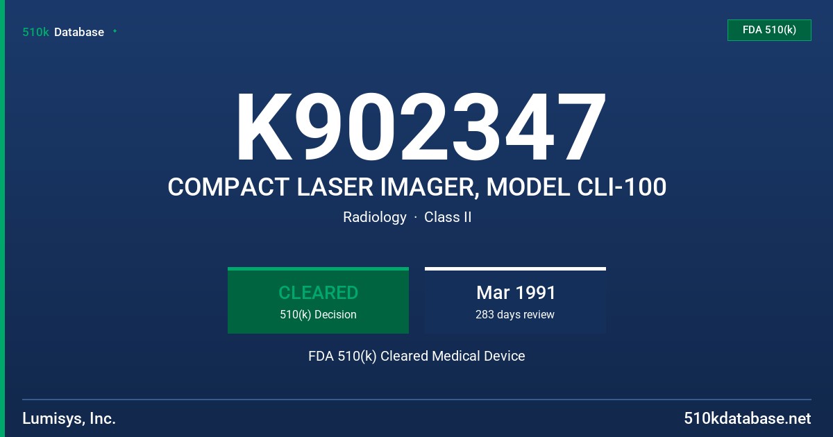 K902347 COMPACT LASER IMAGER, MODEL CLI-100 FDA 510(k) Cleared Medical Device