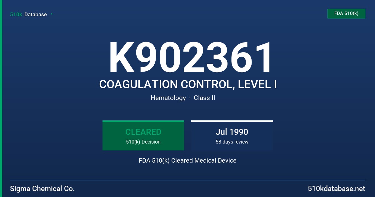 K902361 COAGULATION CONTROL, LEVEL I FDA 510(k) Cleared Medical Device