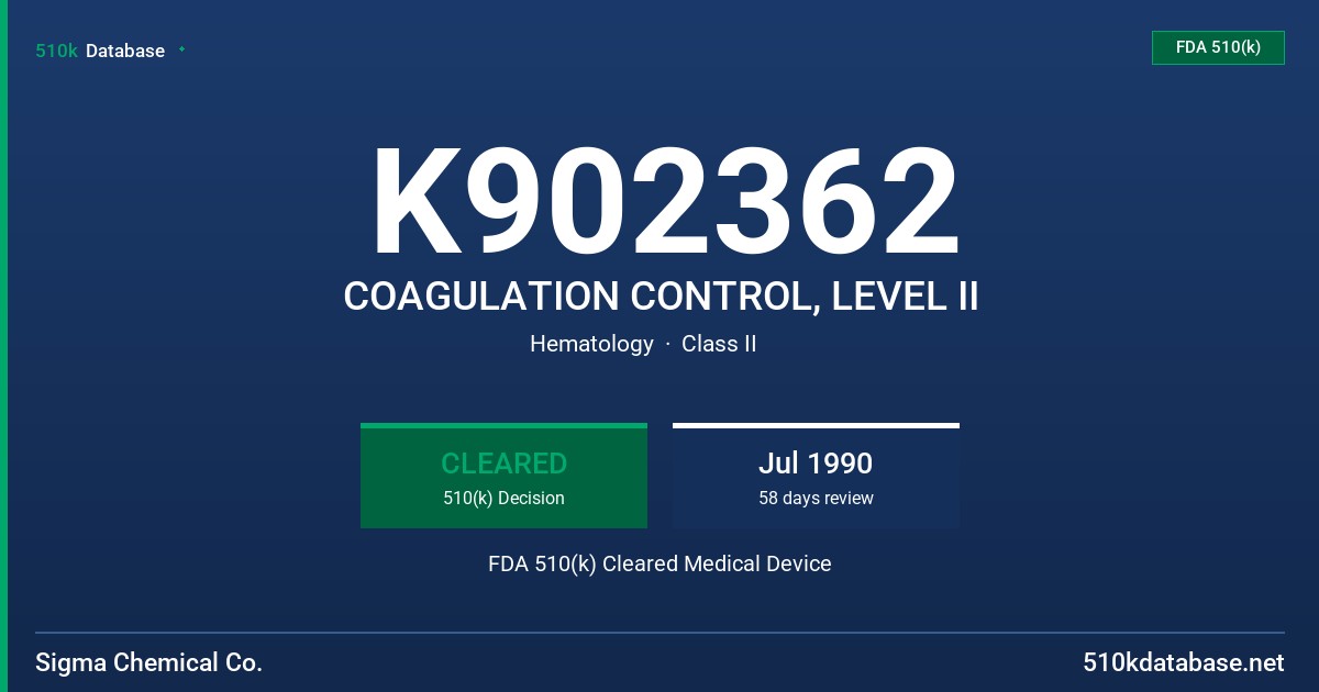 K902362 COAGULATION CONTROL, LEVEL II FDA 510(k) Cleared Medical Device