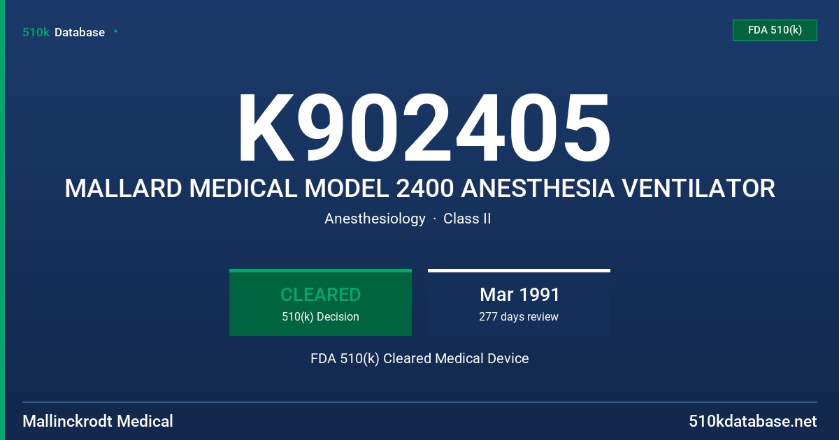 K902405 MALLARD MEDICAL MODEL 2400 ANESTHESIA VENTILATOR FDA 510(k) Cleared Medical Device