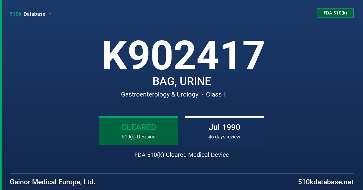 K902417 BAG, URINE FDA 510(k) Cleared Medical Device