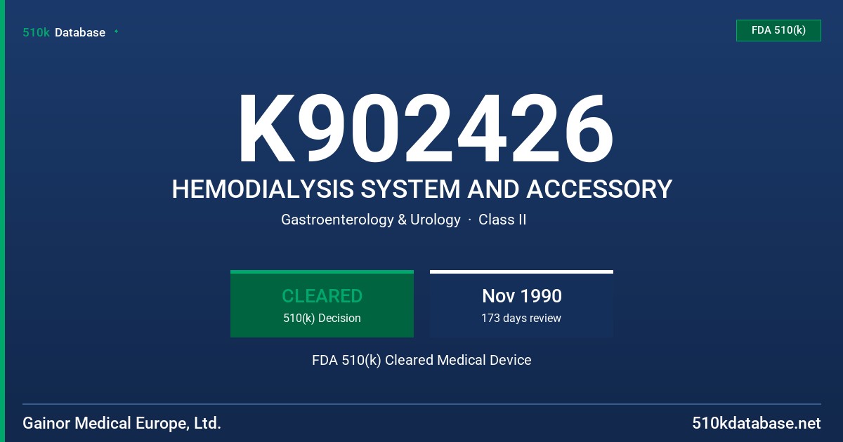 K902426 HEMODIALYSIS SYSTEM AND ACCESSORY FDA 510(k) Cleared Medical Device