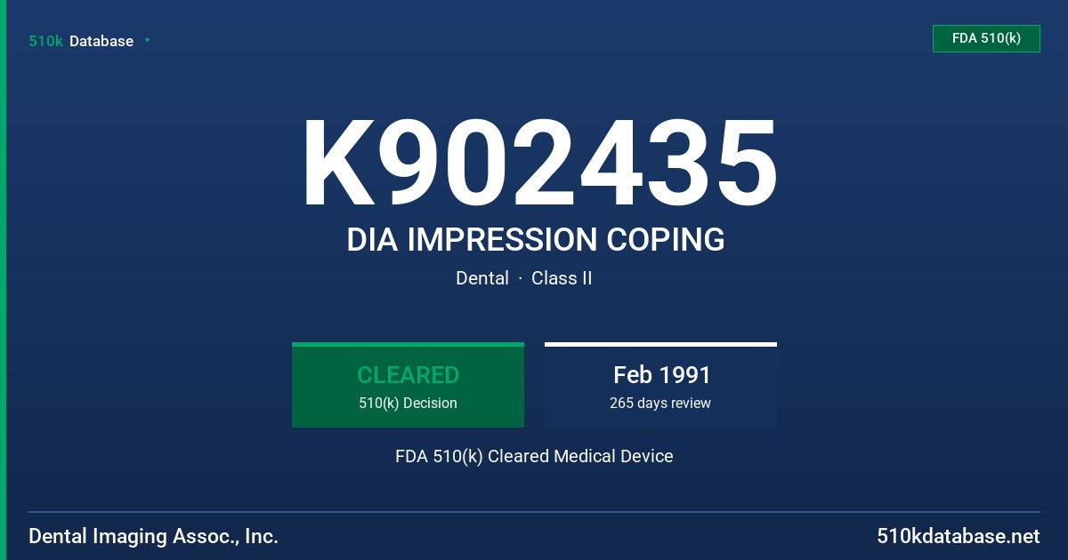 K902435 DIA IMPRESSION COPING FDA 510(k) Cleared Medical Device