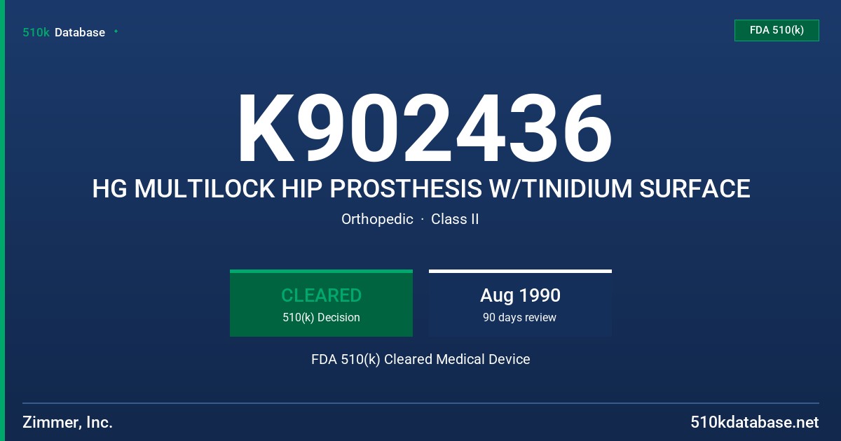 K902436 HG MULTILOCK HIP PROSTHESIS W/TINIDIUM SURFACE FDA 510(k) Cleared Medical Device