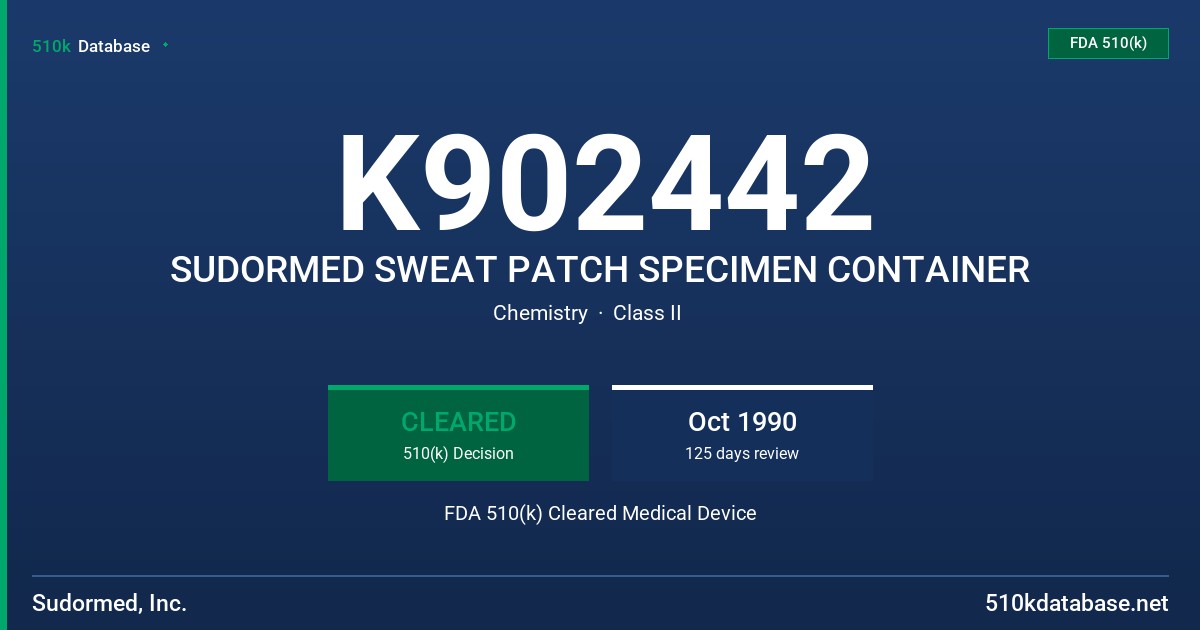 K902442 SUDORMED SWEAT PATCH SPECIMEN CONTAINER FDA 510(k) Cleared Medical Device
