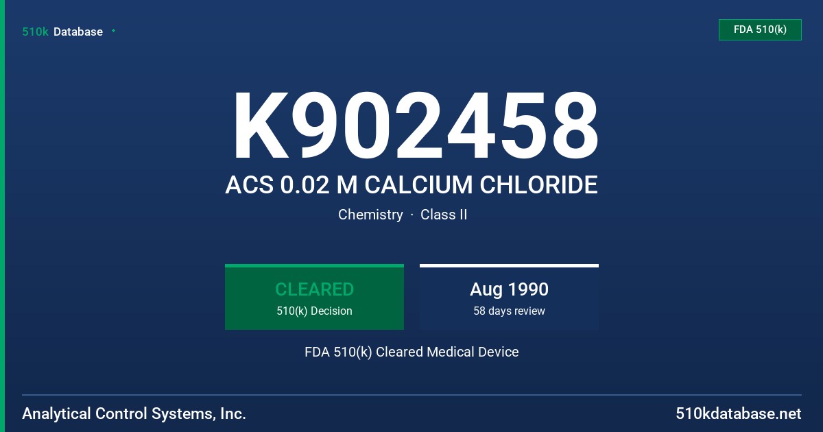 K902458 ACS 0.02 M CALCIUM CHLORIDE FDA 510(k) Cleared Medical Device