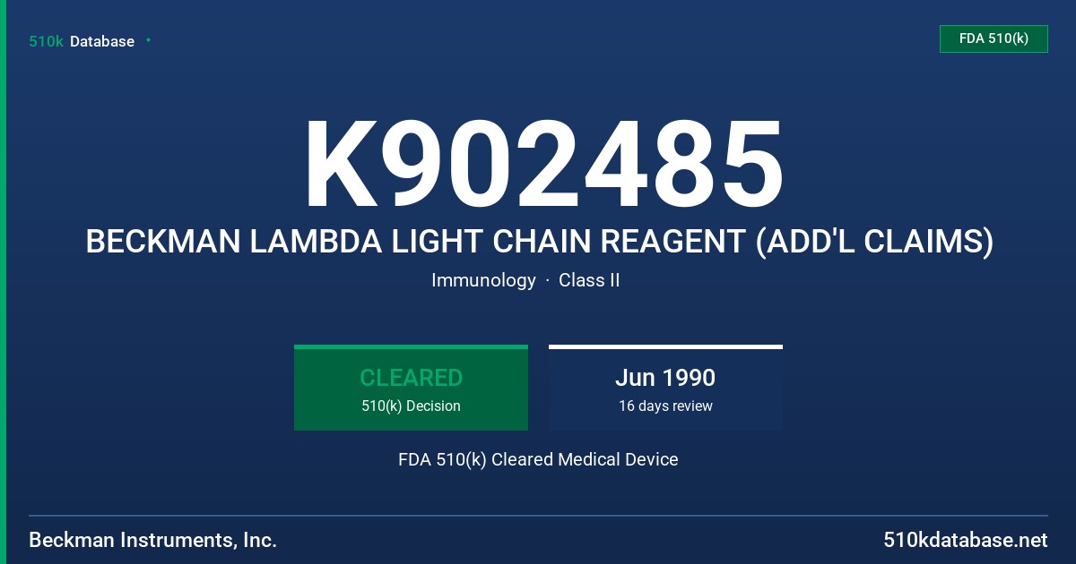 K902485 BECKMAN LAMBDA LIGHT CHAIN REAGENT (ADD'L CLAIMS) FDA 510(k) Cleared Medical Device