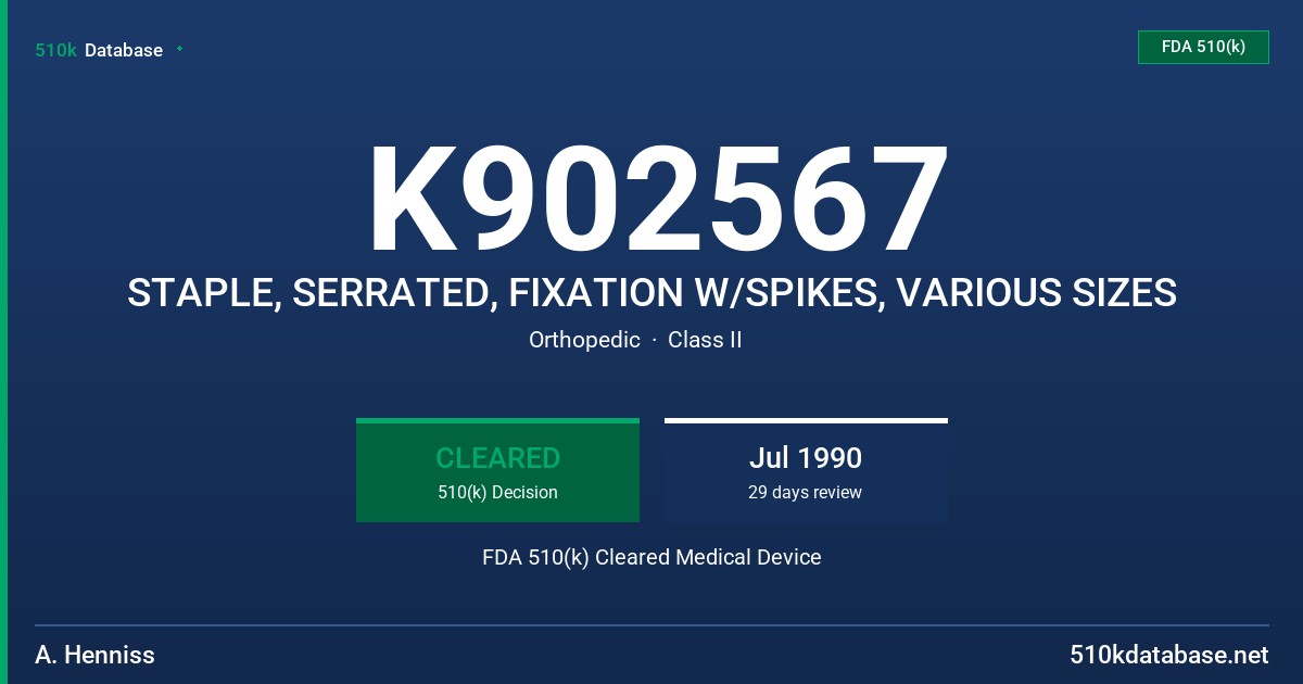 K902567 STAPLE, SERRATED, FIXATION W/SPIKES, VARIOUS SIZES FDA 510(k) Cleared Medical Device