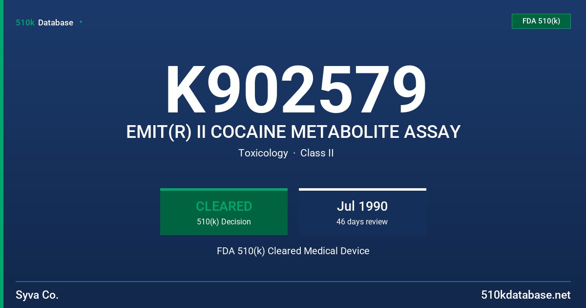 K902579 EMIT(R) II COCAINE METABOLITE ASSAY FDA 510(k) Cleared Medical Device