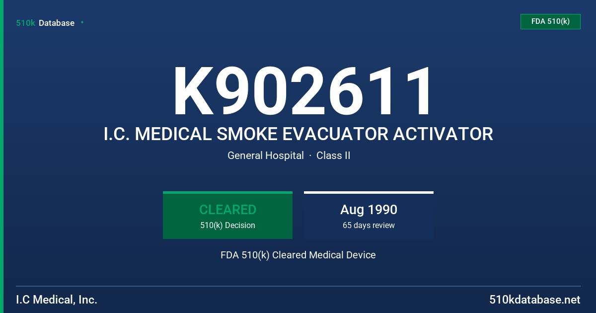 K902611 I.C. MEDICAL SMOKE EVACUATOR ACTIVATOR FDA 510(k) Cleared Medical Device