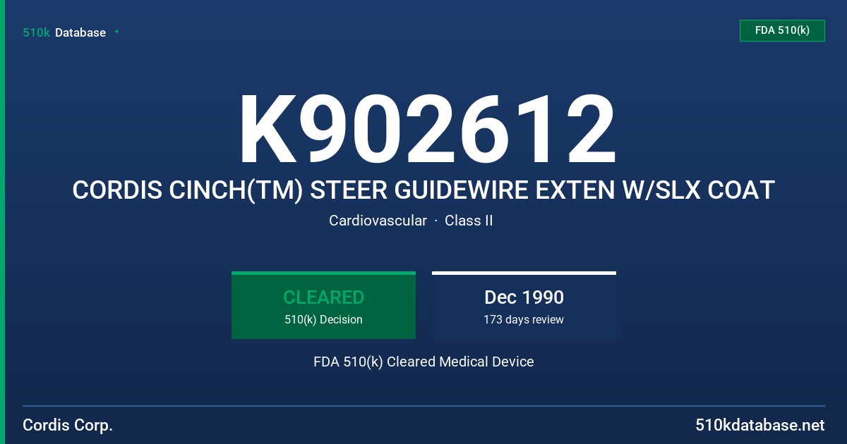 K902612 CORDIS CINCH(TM) STEER GUIDEWIRE EXTEN W/SLX COAT FDA 510(k) Cleared Medical Device