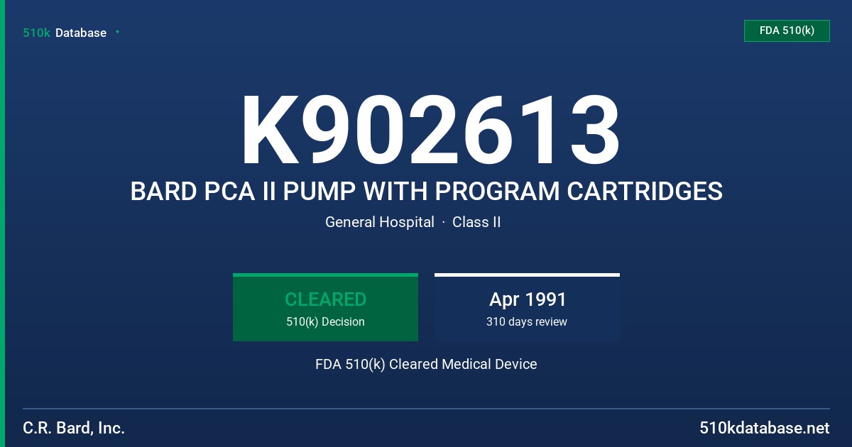 K902613 BARD PCA II PUMP WITH PROGRAM CARTRIDGES FDA 510(k) Cleared Medical Device