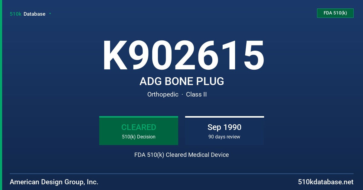 K902615 ADG BONE PLUG FDA 510(k) Cleared Medical Device