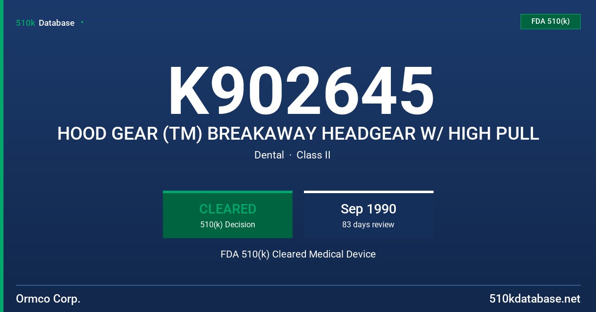 K902645 HOOD GEAR (TM) BREAKAWAY HEADGEAR W/ HIGH PULL FDA 510(k) Cleared Medical Device