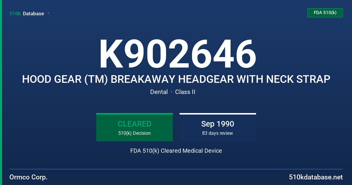K902646 HOOD GEAR (TM) BREAKAWAY HEADGEAR WITH NECK STRAP FDA 510(k) Cleared Medical Device