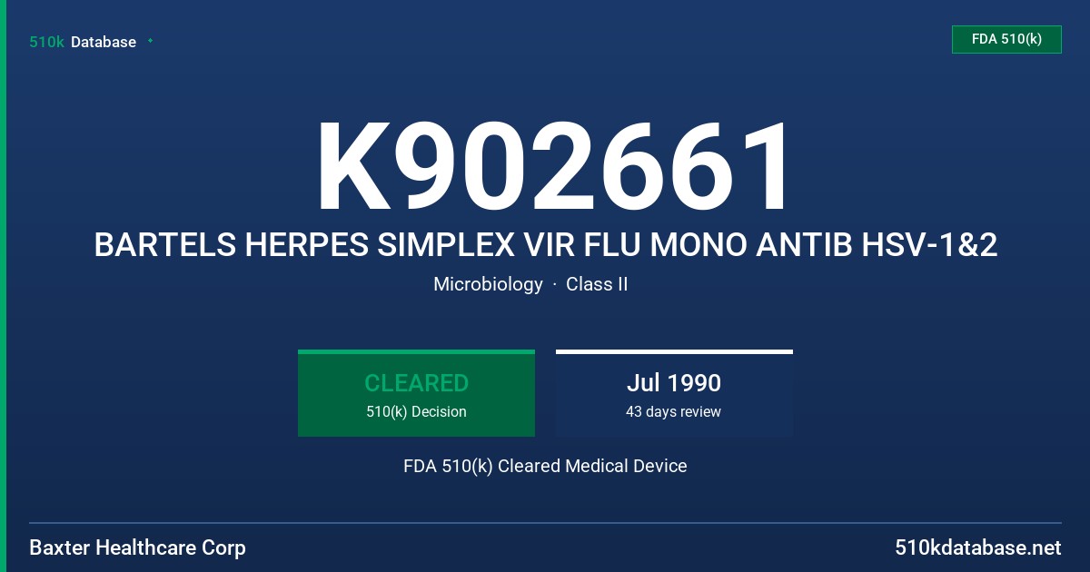 K902661 BARTELS HERPES SIMPLEX VIR FLU MONO ANTIB HSV-1&2 FDA 510(k) Cleared Medical Device
