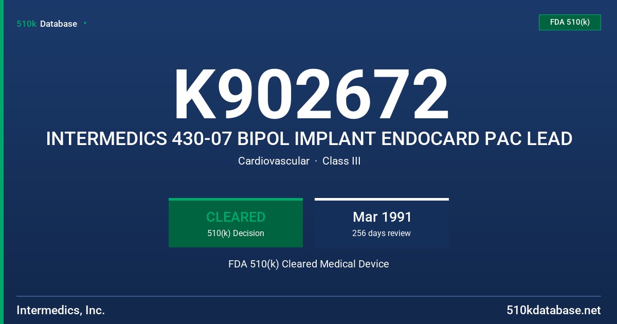 K902672 INTERMEDICS 430-07 BIPOL IMPLANT ENDOCARD PAC LEAD FDA 510(k) Cleared Medical Device