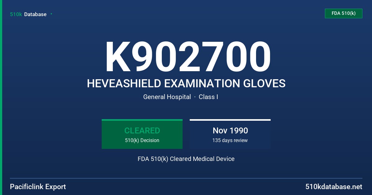 K902700 HEVEASHIELD EXAMINATION GLOVES FDA 510(k) Cleared Medical Device