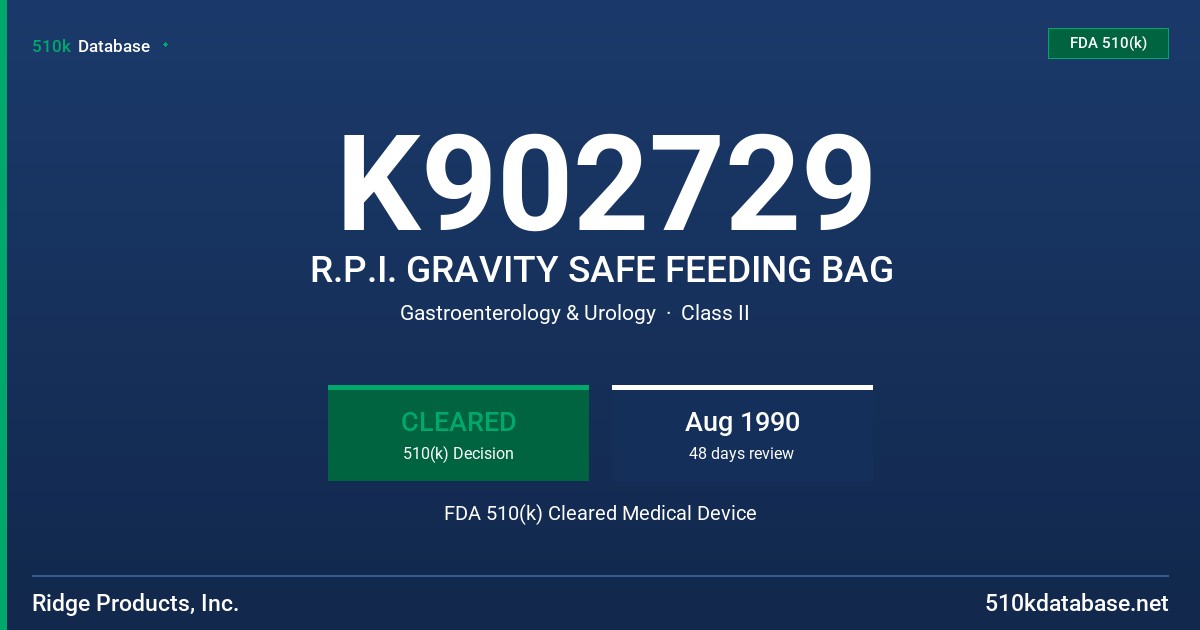 K902729 R.P.I. GRAVITY SAFE FEEDING BAG FDA 510(k) Cleared Medical Device