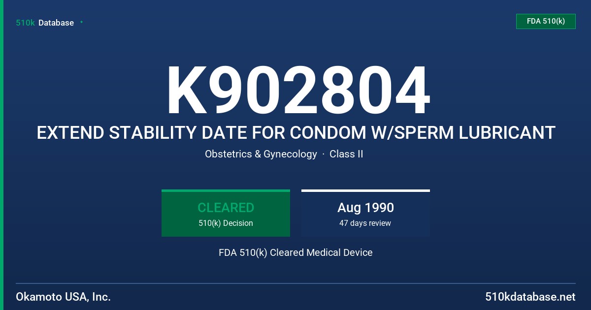 K902804 EXTEND STABILITY DATE FOR CONDOM W/SPERM LUBRICANT FDA 510(k) Cleared Medical Device