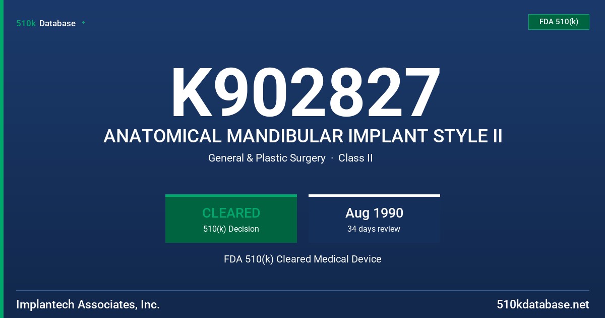 K902827 ANATOMICAL MANDIBULAR IMPLANT STYLE II FDA 510(k) Cleared Medical Device