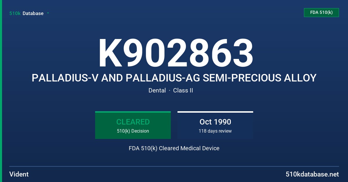K902863 PALLADIUS-V AND PALLADIUS-AG SEMI-PRECIOUS ALLOY FDA 510(k) Cleared Medical Device