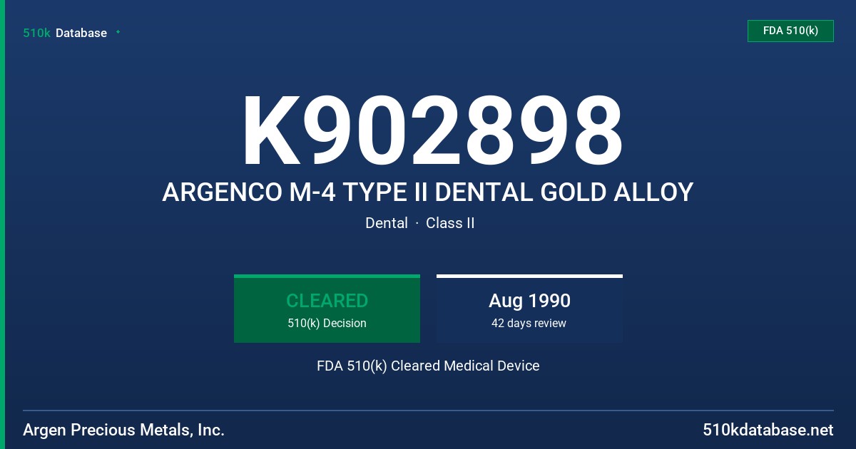K902898 ARGENCO M-4 TYPE II DENTAL GOLD ALLOY FDA 510(k) Cleared Medical Device