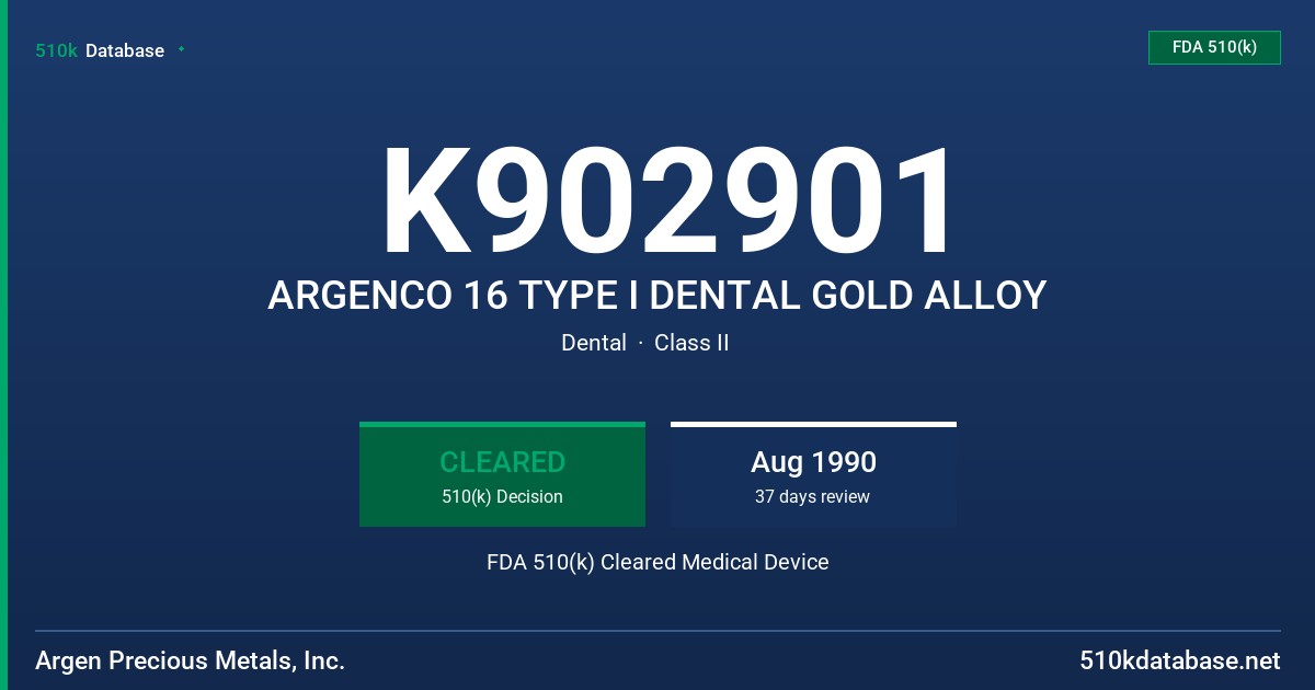 K902901 ARGENCO 16 TYPE I DENTAL GOLD ALLOY FDA 510(k) Cleared Medical Device