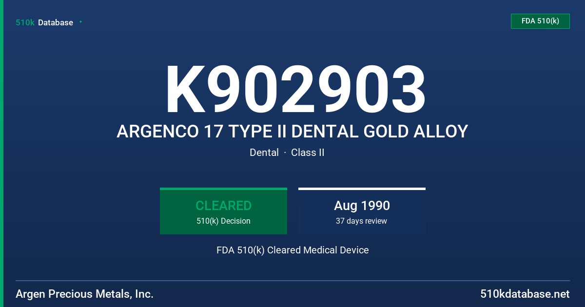 K902903 ARGENCO 17 TYPE II DENTAL GOLD ALLOY FDA 510(k) Cleared Medical Device