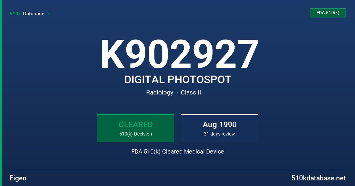 K902927 DIGITAL PHOTOSPOT FDA 510(k) Cleared Medical Device