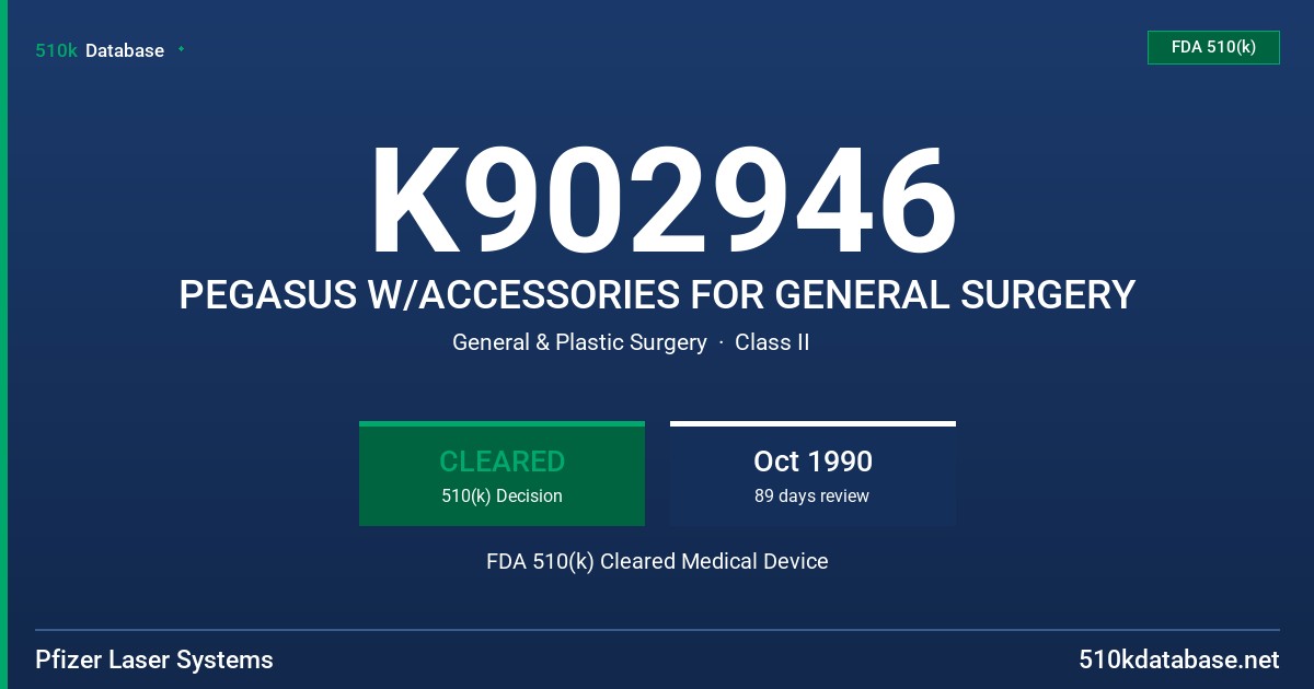 K902946 PEGASUS W/ACCESSORIES FOR GENERAL SURGERY FDA 510(k) Cleared Medical Device