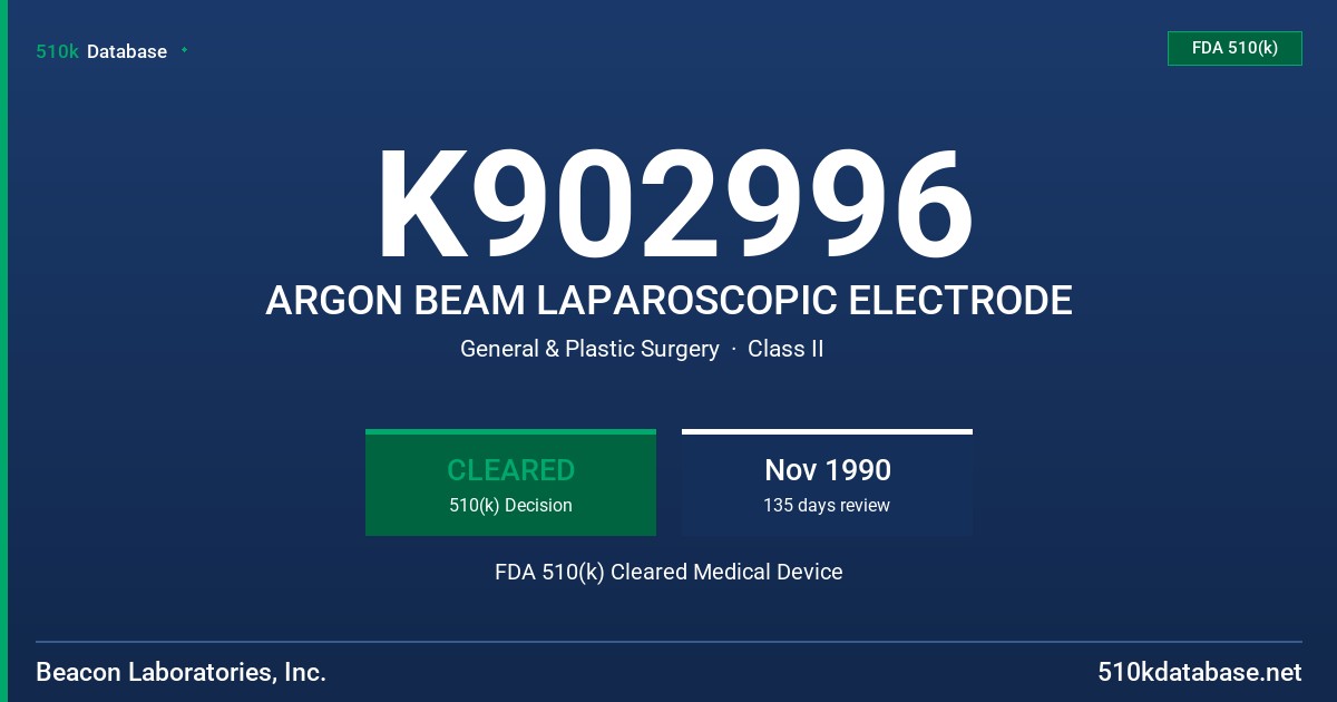 K902996 ARGON BEAM LAPAROSCOPIC ELECTRODE FDA 510(k) Cleared Medical Device