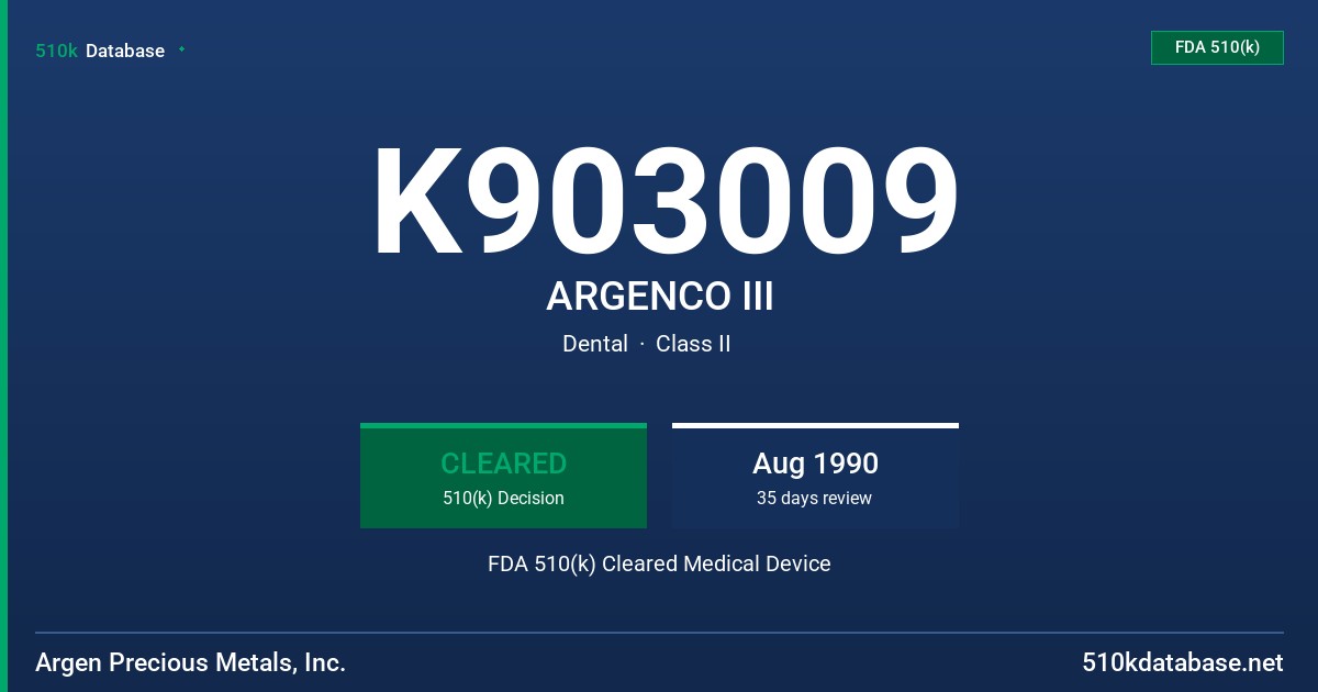 K903009 ARGENCO III FDA 510(k) Cleared Medical Device