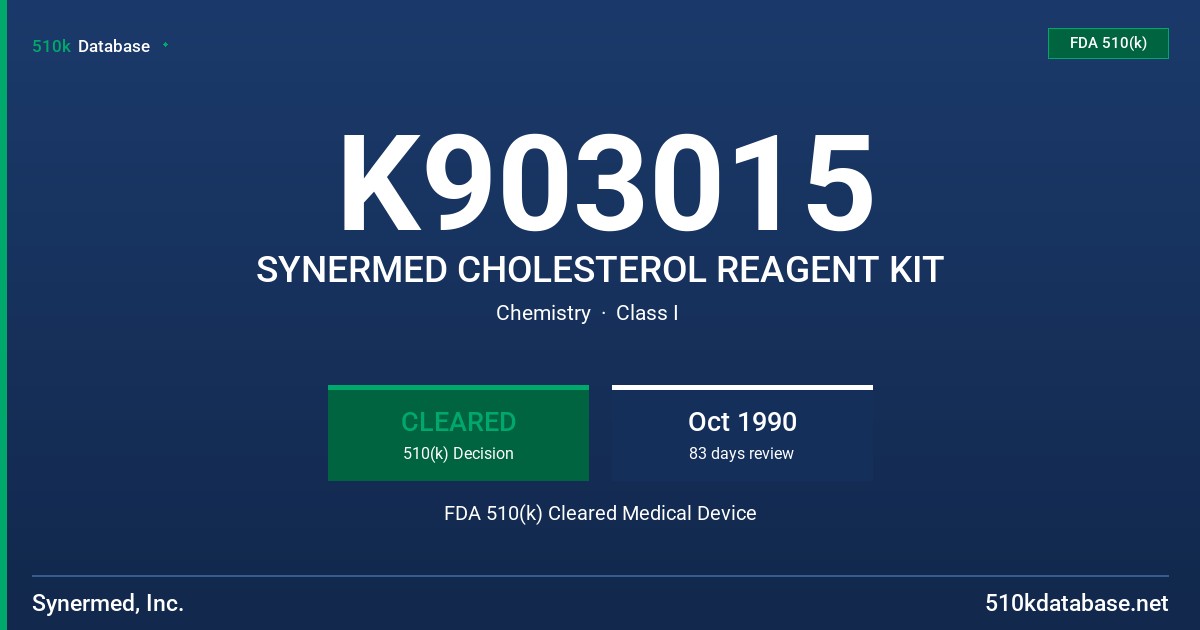 K903015 SYNERMED CHOLESTEROL REAGENT KIT FDA 510(k) Cleared Medical Device