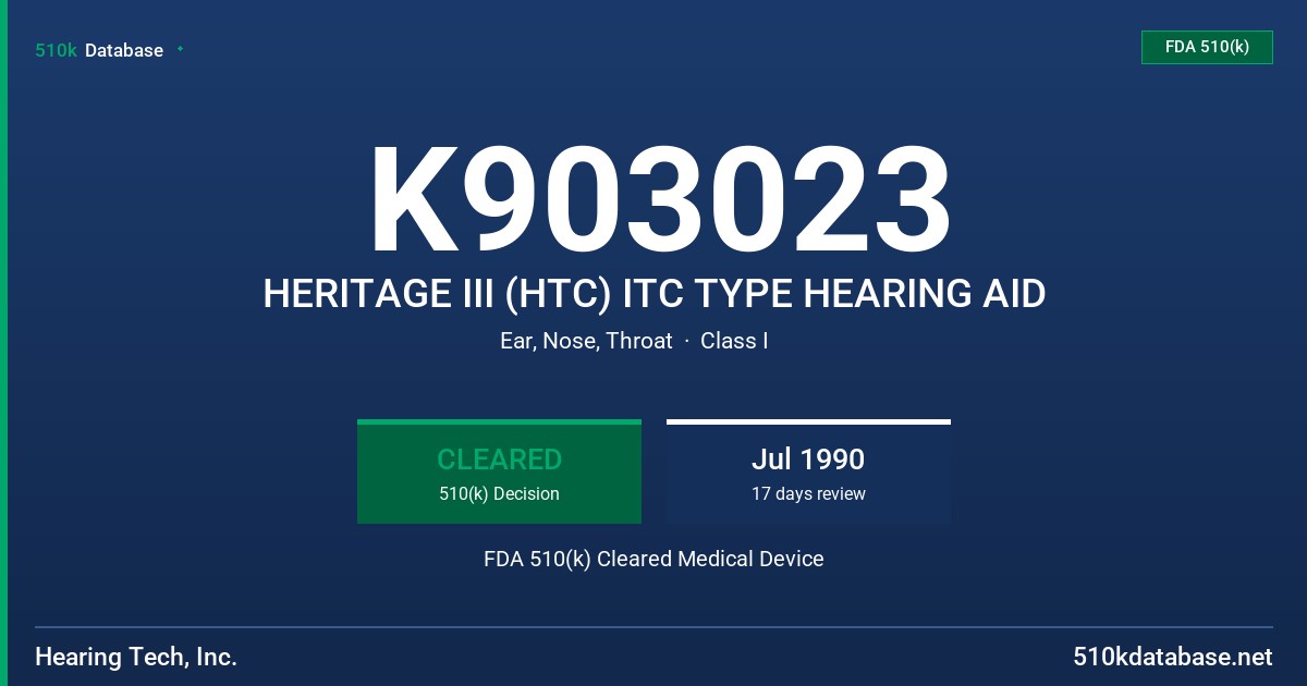 K903023 HERITAGE III (HTC) ITC TYPE HEARING AID FDA 510(k) Cleared Medical Device