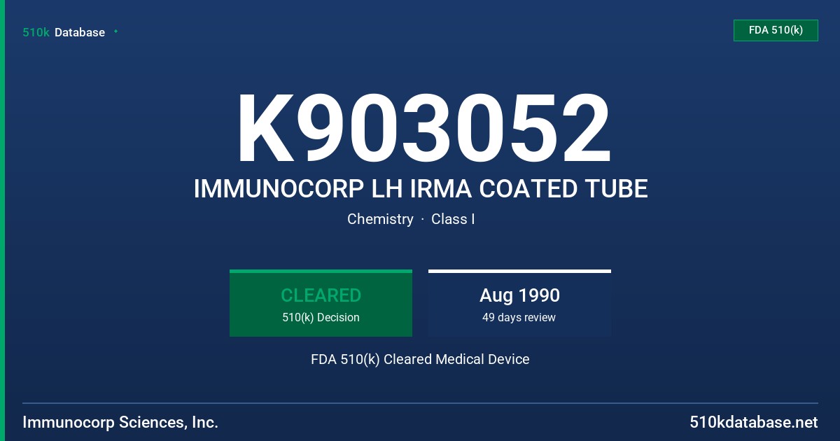K903052 IMMUNOCORP LH IRMA COATED TUBE FDA 510(k) Cleared Medical Device