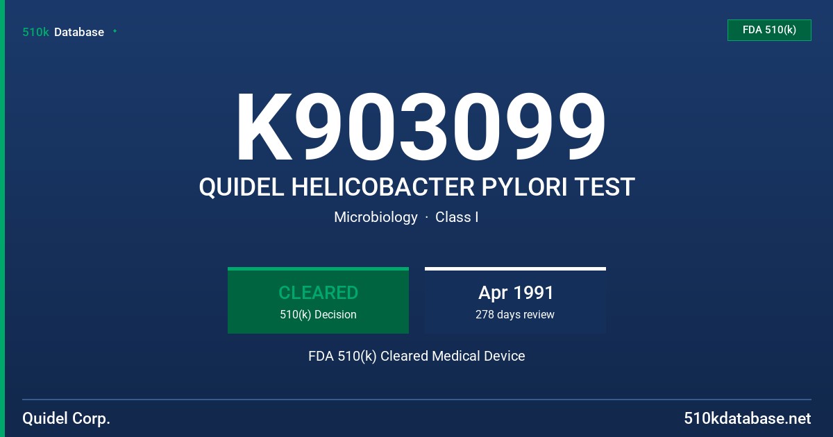 K903099 QUIDEL HELICOBACTER PYLORI TEST FDA 510(k) Cleared Medical Device