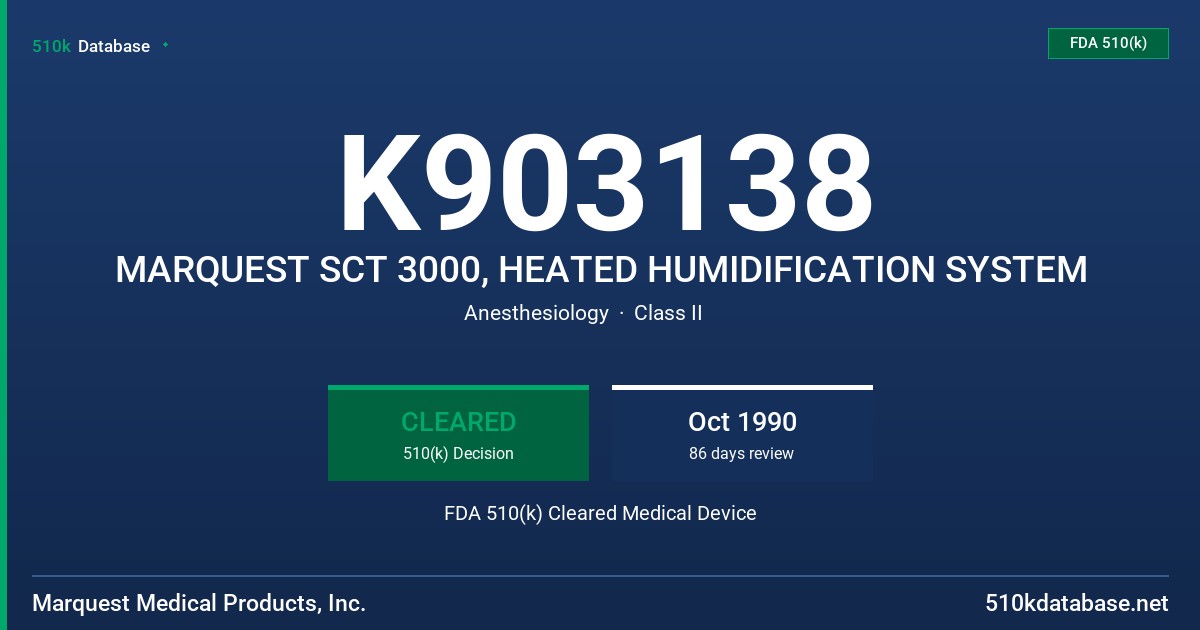 K903138 MARQUEST SCT 3000, HEATED HUMIDIFICATION SYSTEM FDA 510(k) Cleared Medical Device