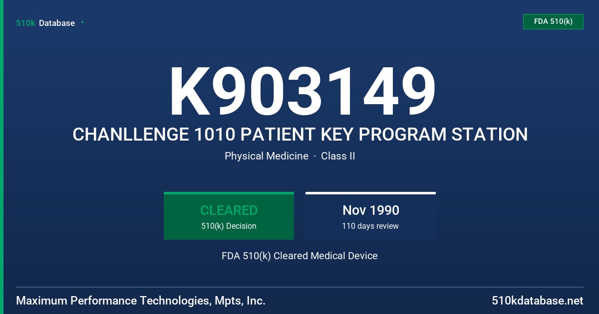 K903149 CHANLLENGE 1010 PATIENT KEY PROGRAM STATION FDA 510(k) Cleared Medical Device