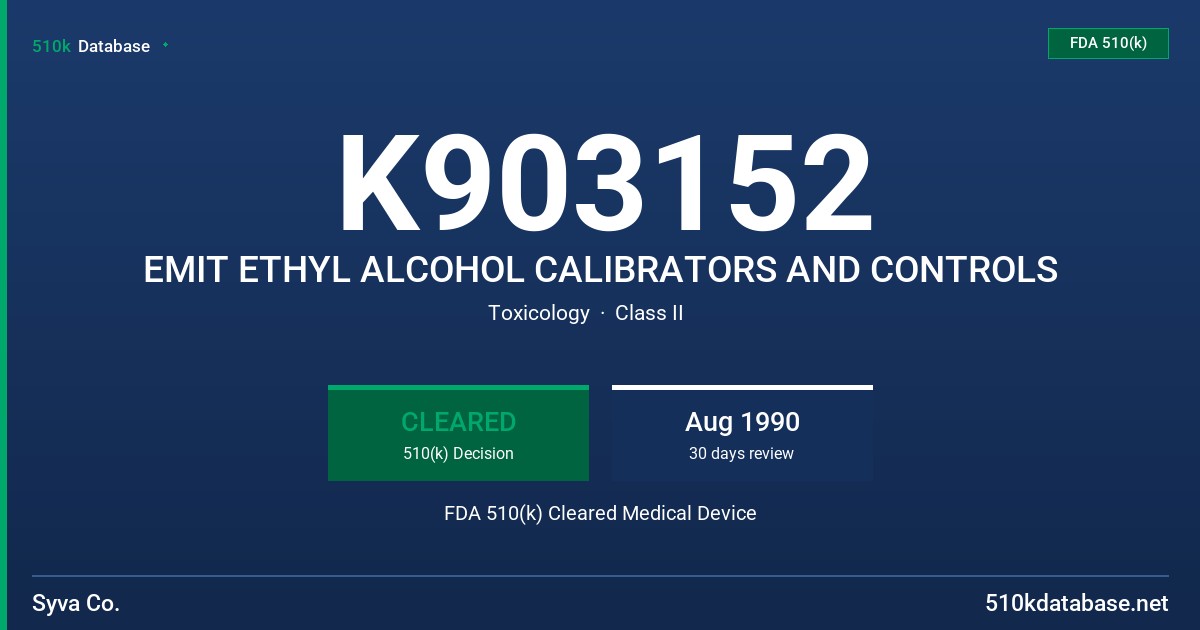 K903152 EMIT ETHYL ALCOHOL CALIBRATORS AND CONTROLS FDA 510(k) Cleared Medical Device