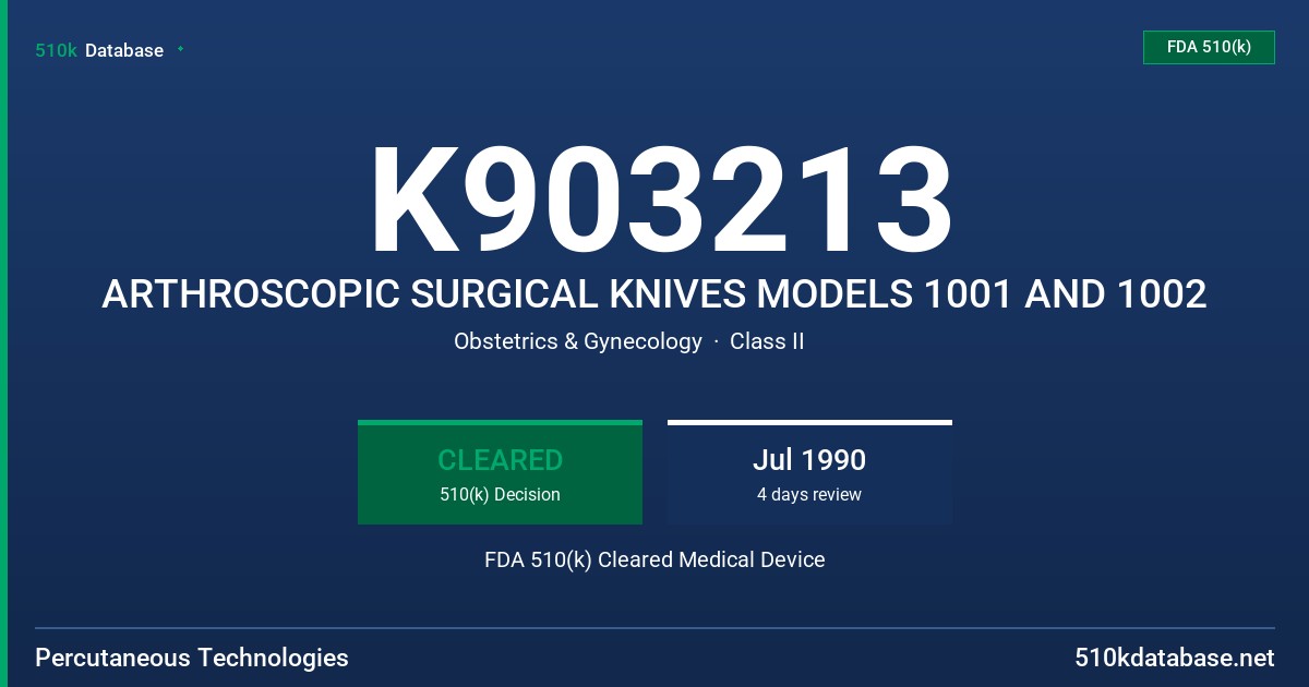 K903213 ARTHROSCOPIC SURGICAL KNIVES MODELS 1001 AND 1002 FDA 510(k) Cleared Medical Device