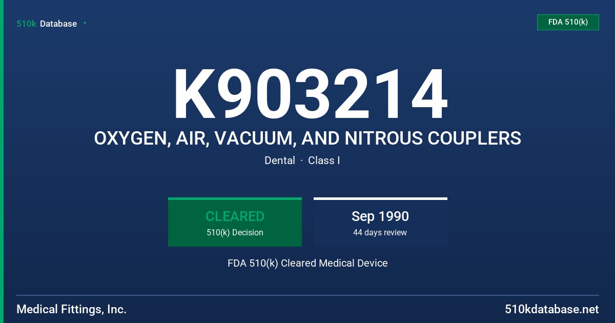 K903214 OXYGEN, AIR, VACUUM, AND NITROUS COUPLERS FDA 510(k) Cleared Medical Device