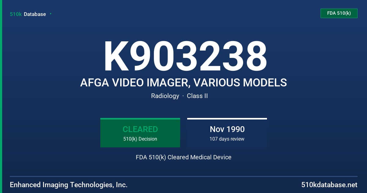K903238 AFGA VIDEO IMAGER, VARIOUS MODELS FDA 510(k) Cleared Medical Device