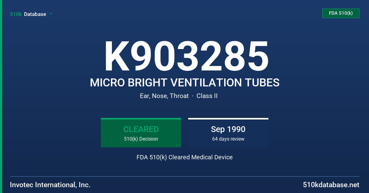 K903285 MICRO BRIGHT VENTILATION TUBES FDA 510(k) Cleared Medical Device