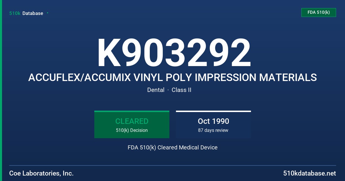 K903292 ACCUFLEX/ACCUMIX VINYL POLY IMPRESSION MATERIALS FDA 510(k) Cleared Medical Device