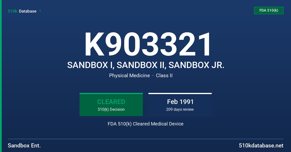 K903321 SANDBOX I, SANDBOX II, SANDBOX JR. FDA 510(k) Cleared Medical Device