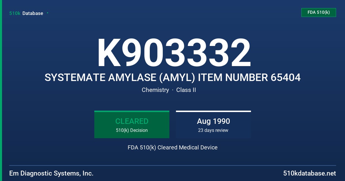 K903332 SYSTEMATE AMYLASE (AMYL) ITEM NUMBER 65404 FDA 510(k) Cleared Medical Device