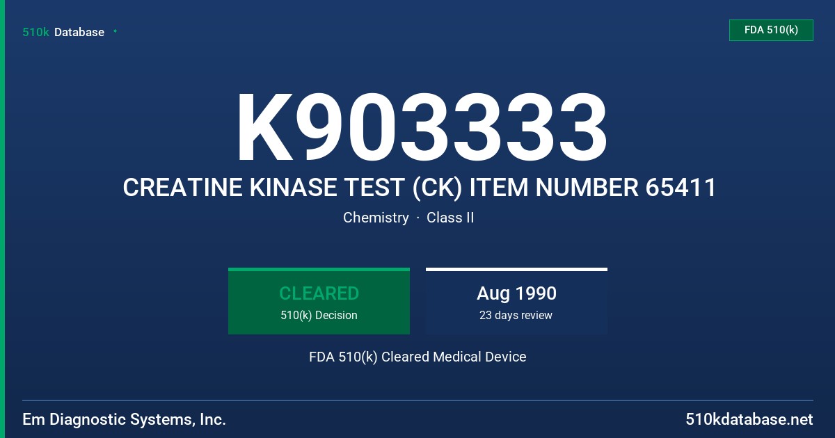 K903333 CREATINE KINASE TEST (CK) ITEM NUMBER 65411 FDA 510(k) Cleared Medical Device
